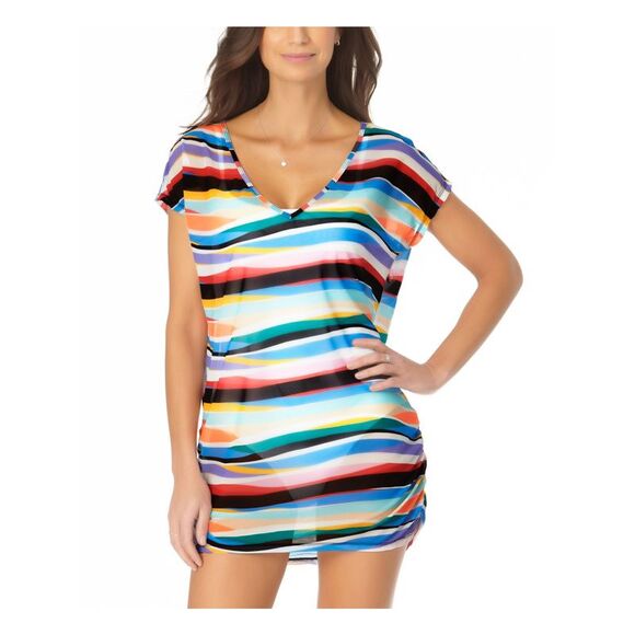 ANNE COLE Women's Black Mesh Ruched Tunic Deep V Neck Swimsuit Cover Up XS\S - Picture 1 of 1